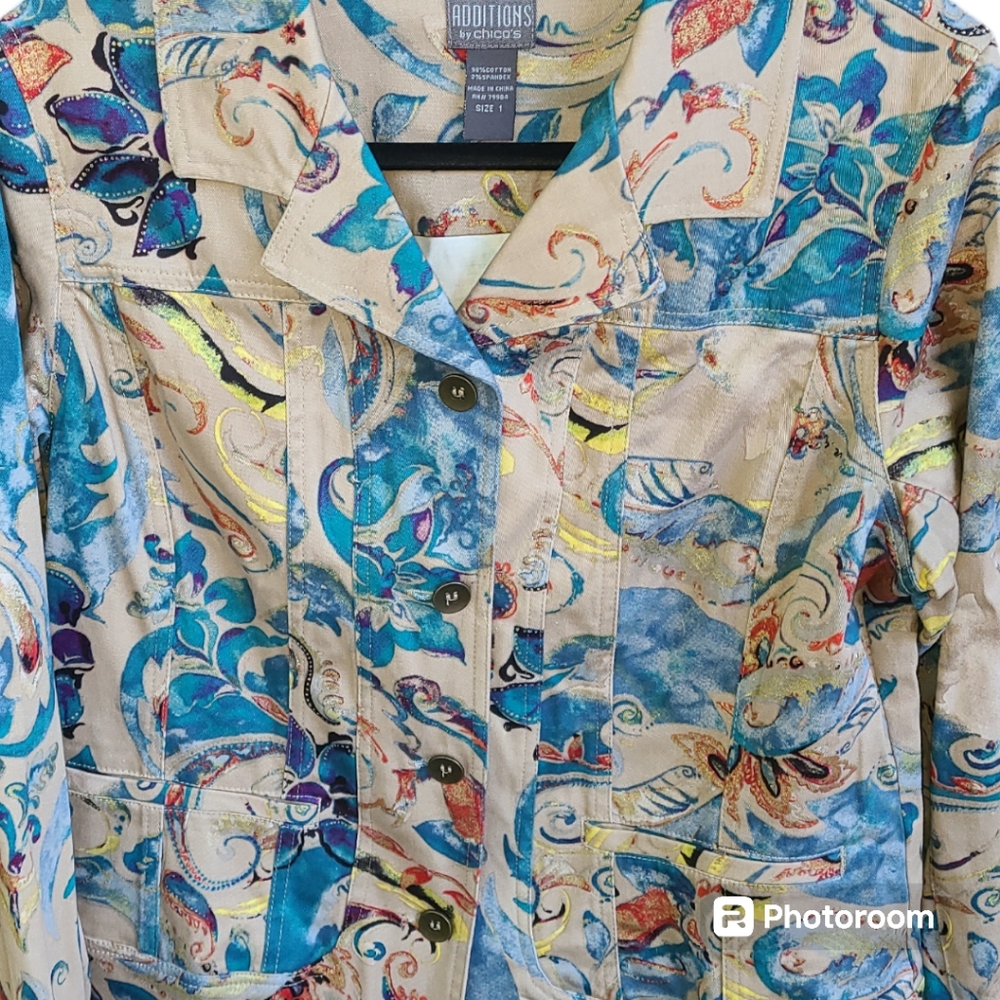 Chico's Floral Paisley Tan Blues Multi color cotton blend Women's Jacket‎ M - Picture 4 of 10